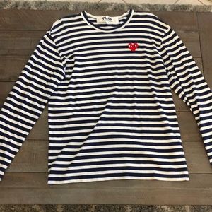 Navy blue and white striped Comme des garçon long sleeve shirt.